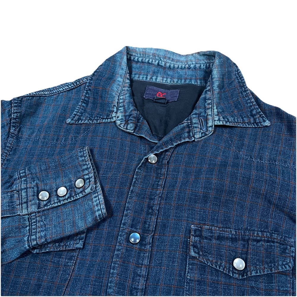 45RPM Western Blue Plaid Pearl Snap Shirt Sz 2 XS Fit Japan Made Americana Fade